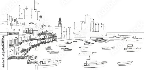 Coastal town with docked boats, archways, and balconies