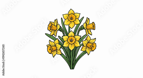 A colorful illustration of a bouquet of yellow daffodils with green stems
