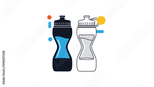 Two ergonomic sports water bottles in dark and white colors filled with blue liquid featuring a modern flat design style.