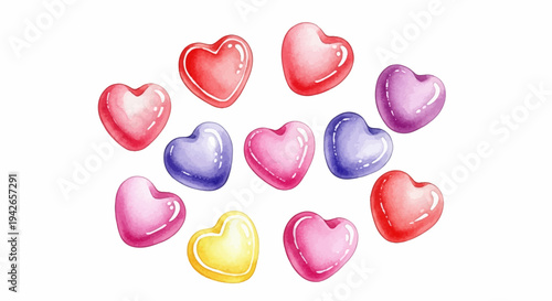 Colorful heart-shaped candies arranged in a circular pattern on a white background