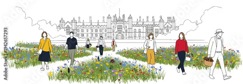 People stroll through a vibrant wildflower meadow towards a grand, outlined building