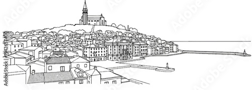 Coastal town with church on hill overlooking harbor, detailed sketch