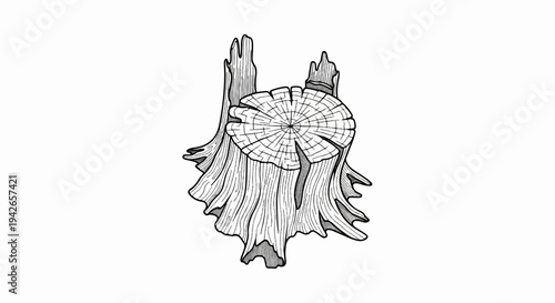 Hand-drawn illustration of a detailed tree stump with weathered bark and visible rings
