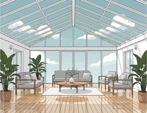 Bright sunroom with glass roof, wooden floors, plants, and furniture