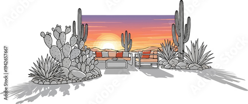 Desert outdoor living room with cacti, agave, sunset, and modern seating