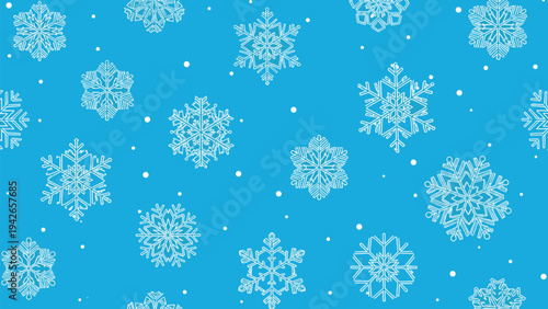 Beautiful white snowflakes of various shapes and sizes scattered across a bright blue background in a seamless pattern.