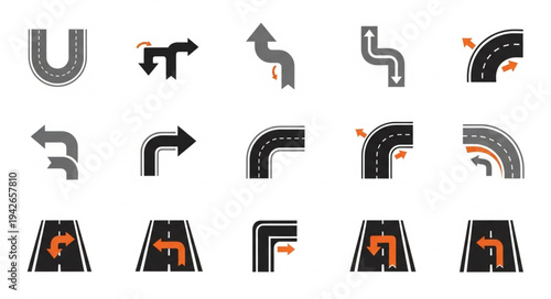 Road Direction Icons - A Collection of Turn and Curve Symbols.