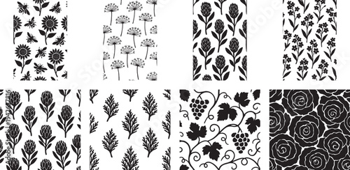 Nature Elements and Sunflower Silhouette Pattern Set