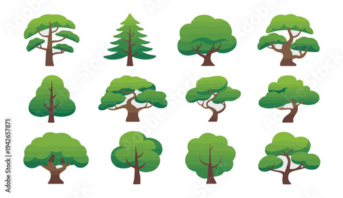 Collection of various cartoon trees with green leaves and brown trunks on white background