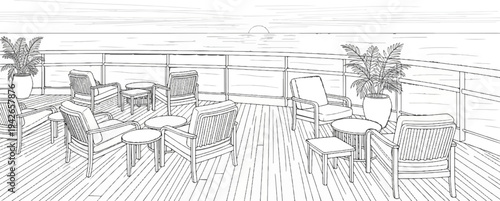 Outdoor seating area on a deck overlooking the ocean at sunset