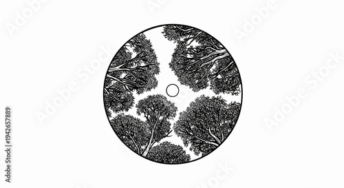 Overhead view of dense trees and branches within a circular frame