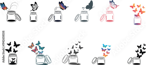 Flying Butterflies Coming Out of Glass Jar Concept, Magical Nature Illustration for Dream and Hope Theme, Artistic Vector Design of Colorful Butterflies with Soft Particles
