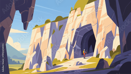 Illustration Of An Adventurer Exploring A Limestone Cliff Area Vector Design Template