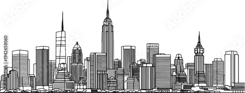 Detailed black and white drawing of a city skyline with diverse skyscrapers