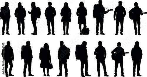 Silhouette set of travelers and backpackers walking with luggage hiking gear and playing guitar isolated on white background vector illustration