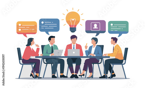Business people sitting around a table with laptops and talking to each other in chat bubbles with a light bulb above them