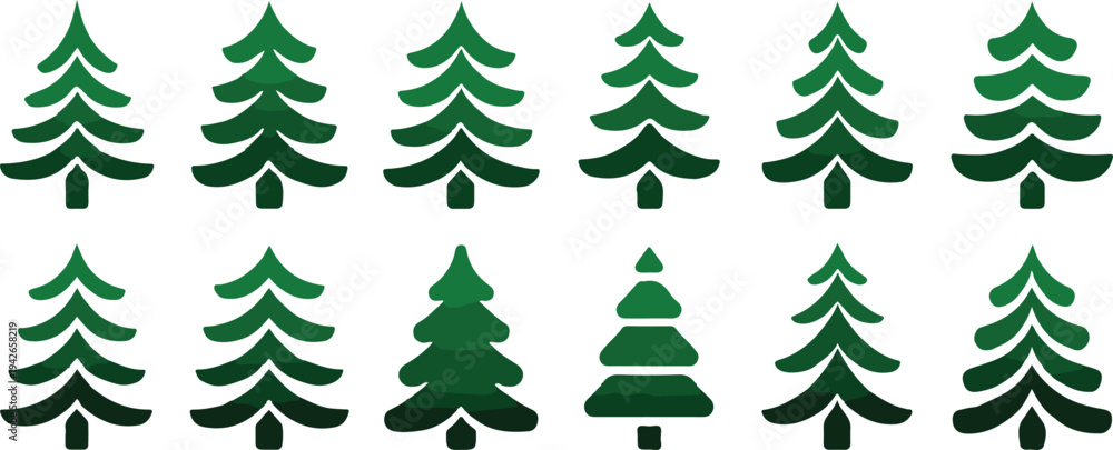 Fototapeta premium Collection of various green Christmas tree shapes and sizes in different shades isolated on white