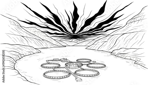 Dramatic sunset over an aquaculture farm in a coastal fjord