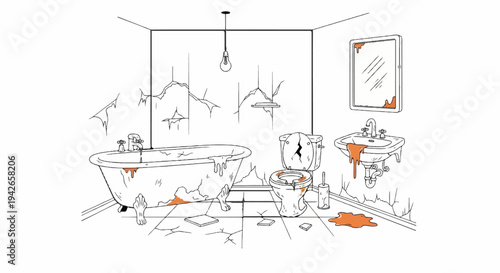 A dilapidated bathroom with cracked walls, a damaged bathtub, toilet, and sink