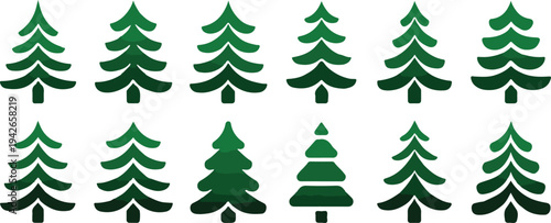 Collection of various green Christmas tree shapes and sizes in different shades  isolated on white