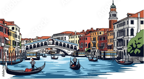 Colorful canal scene with historic bridge, buildings, and gondolas