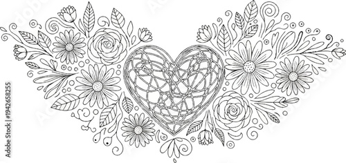 Ornate heart embraced by intricate floral and leaf border design
