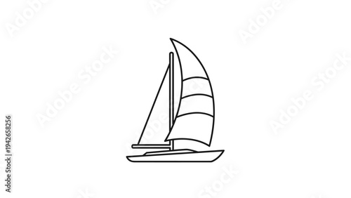 Simple and elegant line art drawing of a classic sailboat with its sails fully deployed on a clean white background.