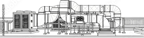 Detailed line drawing of HVAC equipment and ductwork on a rooftop