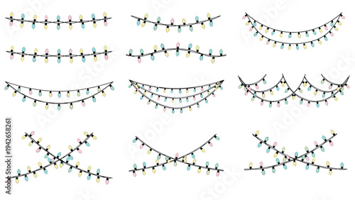 Various arrangements of festive string lights with colorful bulbs shown in a charming hand-drawn colored line art style.