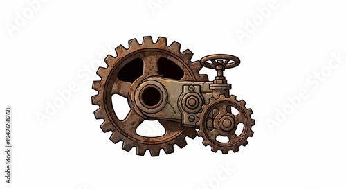 Detailed illustration of rusty steampunk gears and valve mechanism
