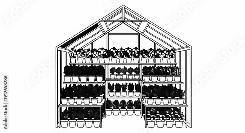 Greenhouse structure filled with tiered shelves holding numerous potted plants
