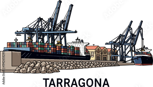 A harbor with container ships and cranes loading cargo