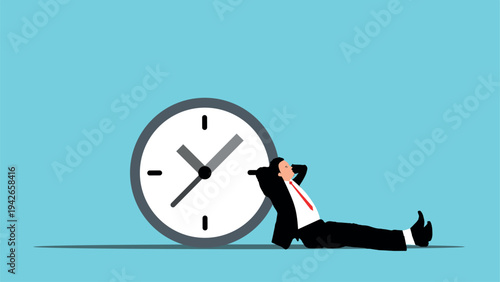 Businessman running with a dog past a wall clock showing deadline and time pressure concept illustration
