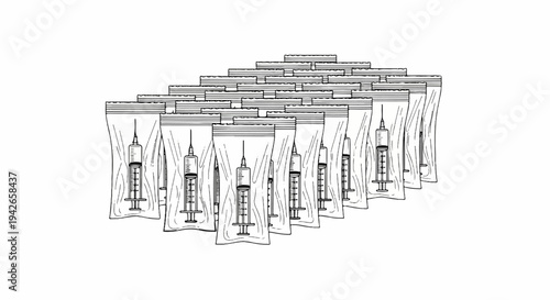 Drawing of multiple bagged syringes arranged in a layered pattern