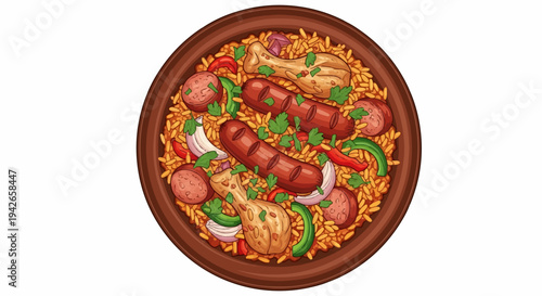 Delicious meal with rice, sausages, chicken, and vegetables in a bowl