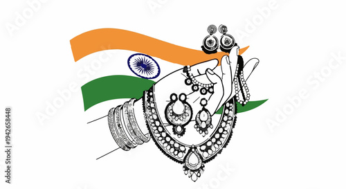 Elegant hand adorned with opulent jewelry against the Indian flag