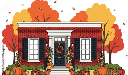 Festive autumnal house with pumpkins, corn, and colorful falling leaves