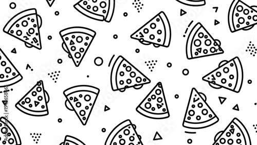 Playful seamless pattern of delicious pizza slices and abstract geometric shapes in a bold black and white line art.
