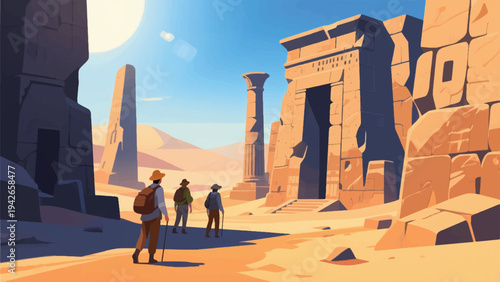 Illustration Of An Adventurer Exploring An Ancient City In The Middle Of The Desert Vector Design Template