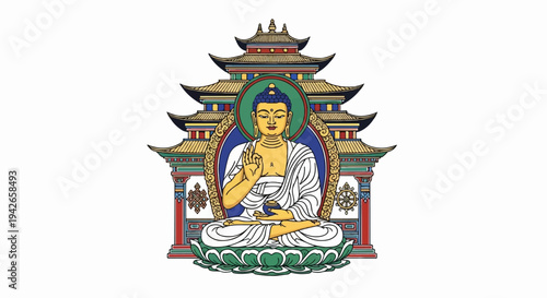 Golden Buddha statue sits in meditation before a colorful multi-tiered pagoda