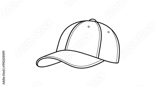 Clean and simple line art drawing of a classic baseball cap presented from a three-quarter view on a white background.