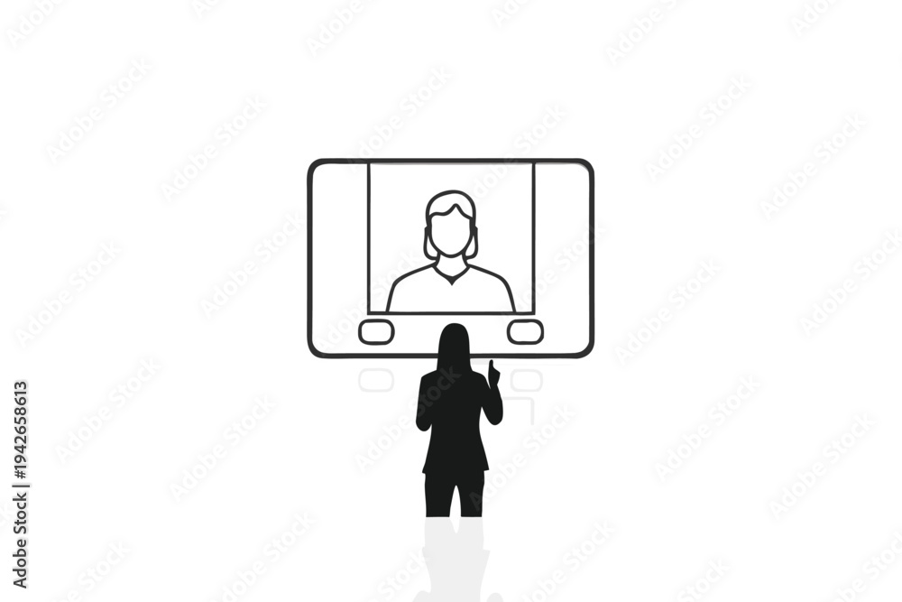 Fototapeta premium Line Art of Woman Presenting Video Call Profile On White Background