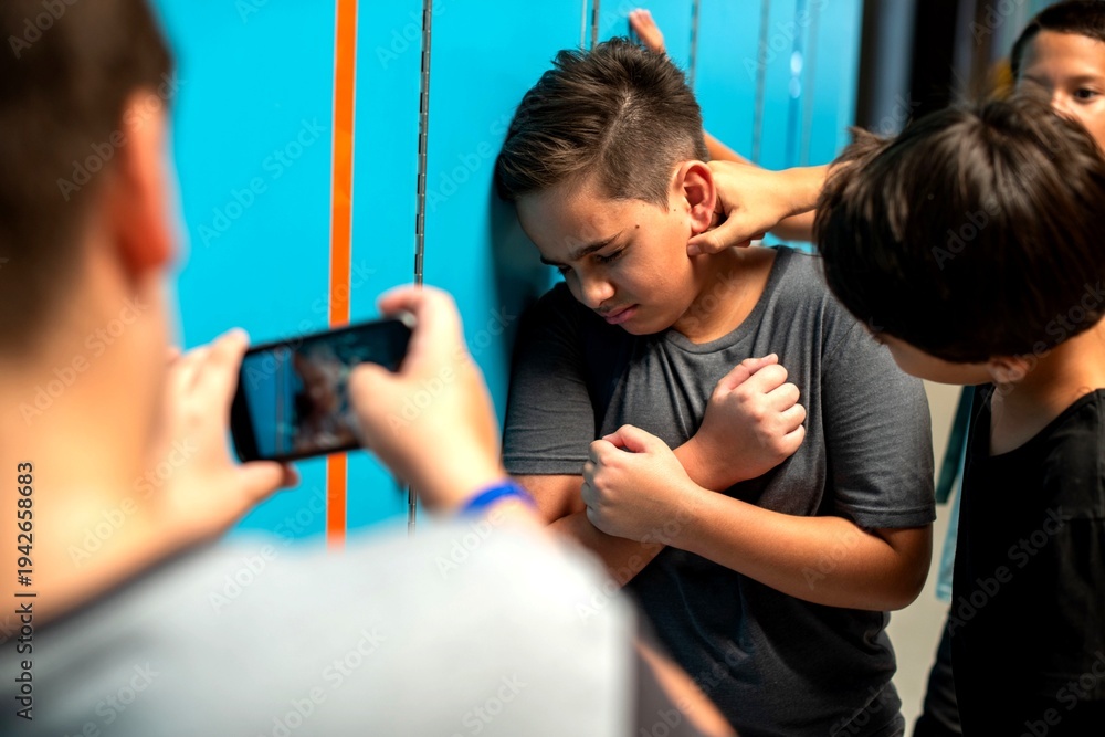 Fototapeta premium Bullying scene in school hallway.
