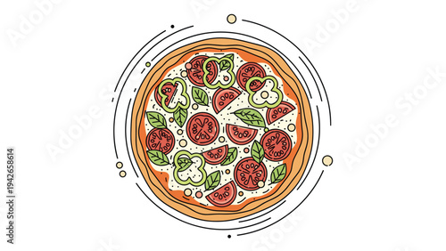 Delicious pizza topped with tomatoes and peppers seen from above in a detailed colored line art style with abstract circles.