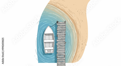 A simple illustration of a white boat tied to a wooden pier at the sandy shore