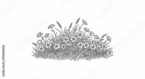 Delicate line drawing of a cluster of wildflowers and grasses on a white background