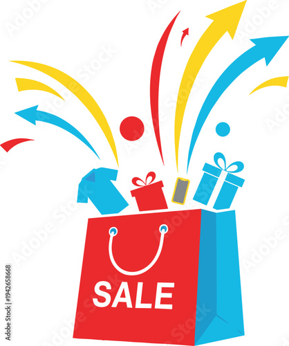 Colorful shopping bag with gift boxes and upward arrows for big sale promotion