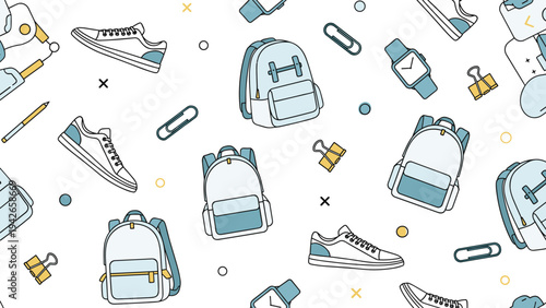 Cheerful seamless pattern of school supplies including backpacks and sneakers in a colorful and simple line art style.