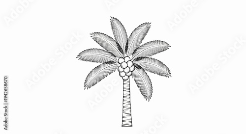 Engraved black and white illustration of a palm tree with coconuts