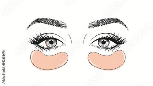 Close up of a pair of female eyes with protective pink under-eye patches in a detailed and elegant line art illustration.